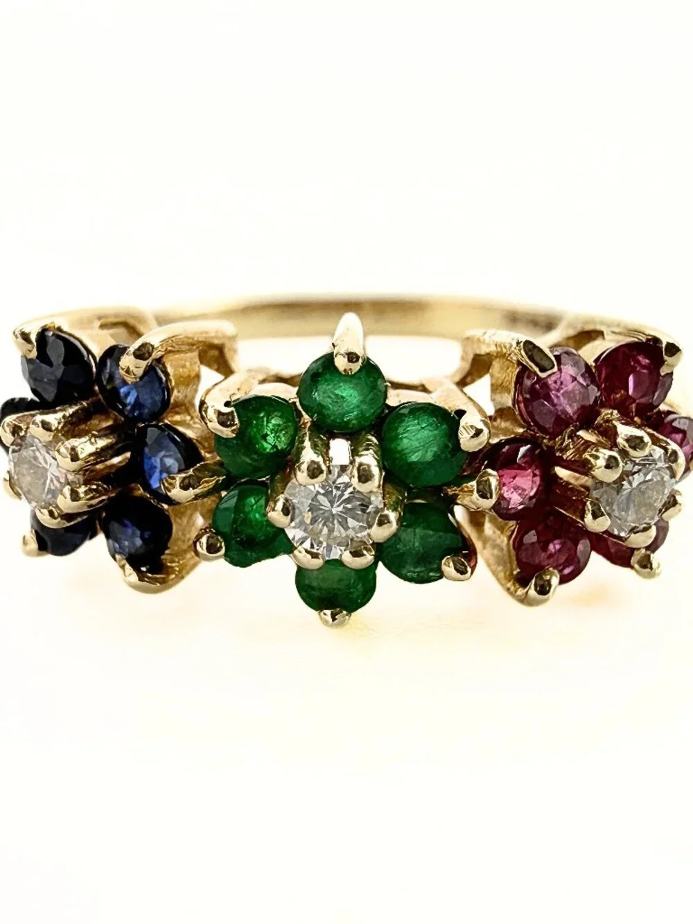 Estate 14K Gold Lab Emerald Diamonds Ruby Sapphire Floral Cluster Ring Sz 5